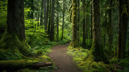 Naklejka premium Enchanted forest path bathed in soft green light