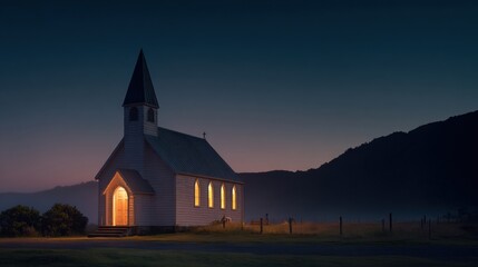 Fototapeta premium Romantic Small Church Illuminated at Night Surrounded by Mountains and Nature.