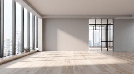 Bright Spacious Modern Empty Living Room with Large Windows and City View.