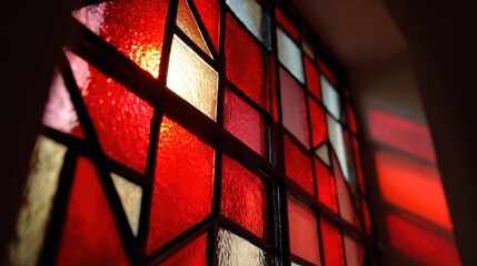 Colorful stained glass window with geometric pattern in vibrant red tones and sunlight illumination.