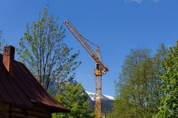 A crane towers in the sky amidst trees and foliage in Zakopane - Lesser Poland - Poland