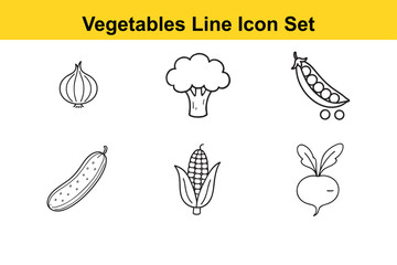 Simple Line Art Icons of Various Vegetables Black line drawings onion broccoli peas cucumber corn