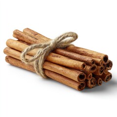 Realistic isolated bundle of cinnamon sticks tied with twine, on white background