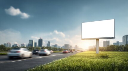 Large blank outdoor billboard on highway with cityscape background at sunset.