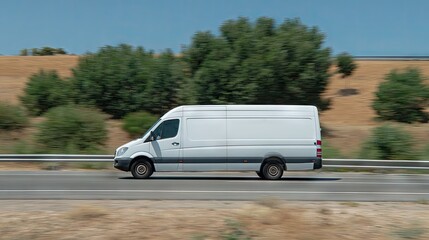 Delivery van speeds along the highway at sunset, capturing motion for fitness product delivery concept