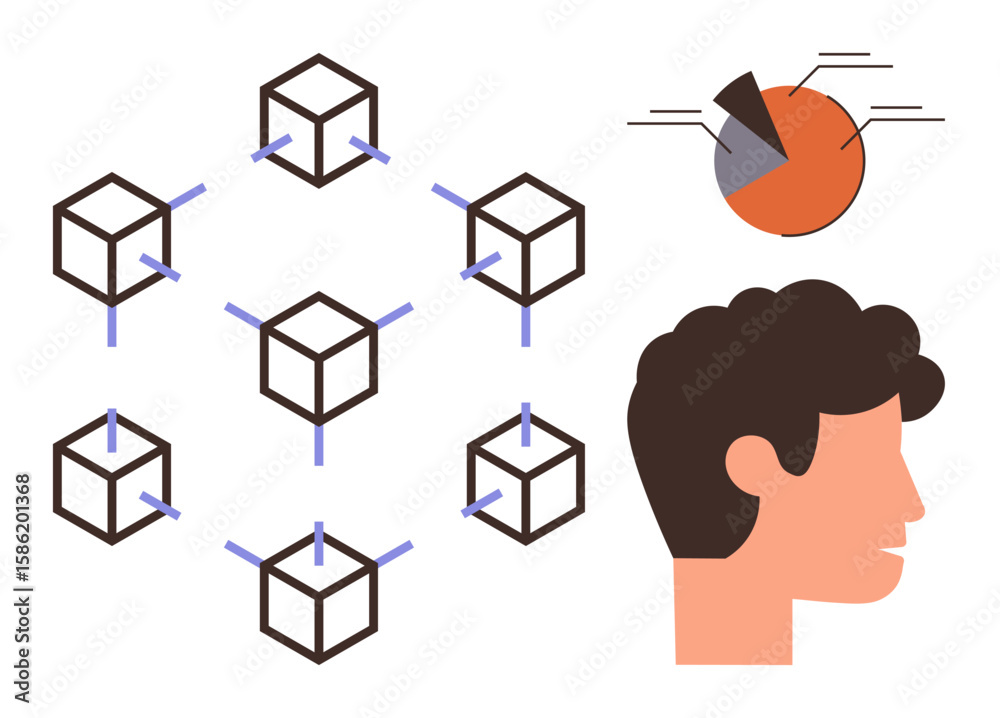 Poster blockchain grid linked by lines, pie chart representing data, and human profile symbolizing ideas. i