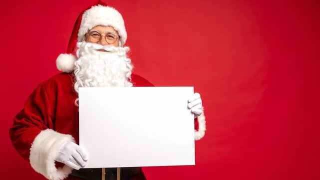 A festive man in red attire, a white beard, and glasses, holds a blank sign against a solid red backdrop