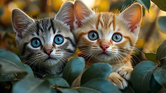 Two adorable kittens playing among green leaves in a sunlit garden setting