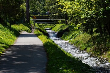 Naklejka premium A scenic view of a stream flowing beside a paved path, surrounded by lush greenery, with a bridge in the background in Zakopane - Lesser Poland - Poland