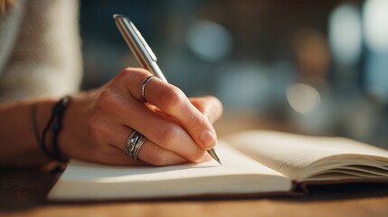 Close-up of a person writing in a notebook with a pen in a cozy workspace or cafe setting.