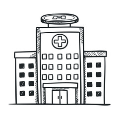 Hand-drawn outline of a modern urban hospital building with helipad and cross symbol. Hand drawn vector illustration