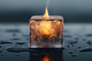 Glowing candle frozen in ice cube on dark wet surface with water drops, creating magical contrast between fire and ice, warm and cold elements.