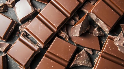Broken milk chocolate bars and pieces arranged in diagonal pattern showing texture and layers. Close up view of sweet dessert ingredients for baking.