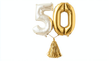 Floating gold foil "50" balloon with tassel tail, sophisticated party number, transparent background