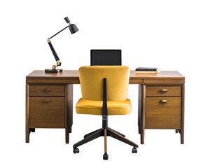 Modern office desk with yellow chair and lamp on transparent background