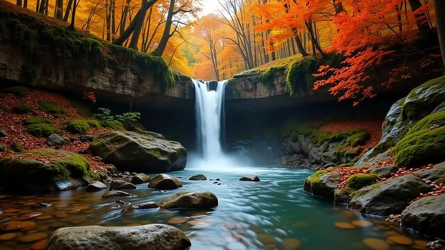Scenic Autumn Waterfall in Forest
