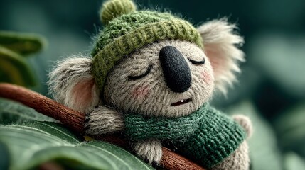 Fototapeta premium A stuffed koala wearing a green hat and scarf, sitting on a tree branch with closed eyes