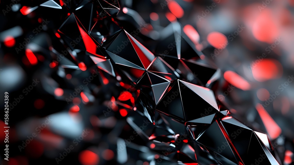 Poster abstract black geometric crystal structure with glowing red light effects and reflective surfaces cr
