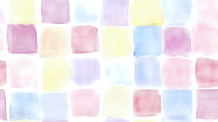 Soft watercolor squares in pastel pink, yellow, and blue create gentle geometric pattern. Seamless repeat design for fabric, wallpaper, and digital backgrounds.
