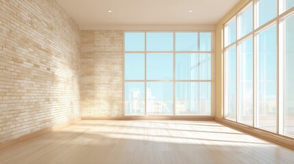 Fototapeta premium Bright spacious empty room with large windows overlooking cityscape and sunlight.