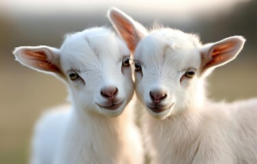 Fototapeta premium Two adorable white baby goat kids with pink ears looking at camera, close up portrait showing sweet expressions and gentle eyes in soft natural light.