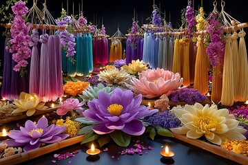 Hanging yarn art with bright flowers high resolution picture