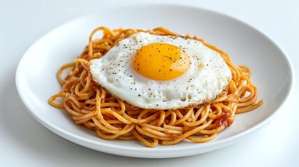 Appetizing sunny side up egg served on top of spaghetti pasta with tomato sauce on white round plate, garnished with black pepper, close up view of breakfast dish.