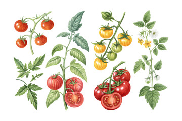 set of watercolor tomato vine vector illustration isolated on white background