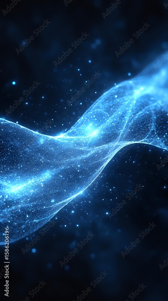 Poster glowing blue wave of particles and light streams flowing on dark background, creating dynamic futuri