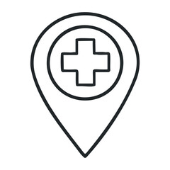 Obraz premium Healthcare location icon with cross symbol in geolocation pin design. Hand drawn vector illustration
