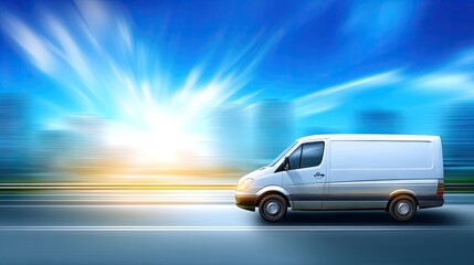 White camper van cruising on the highway under brilliant sunshine with a blurred city backdrop during a vibrant day