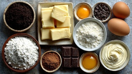 Baking ingredients in brown white cream flatlay  
