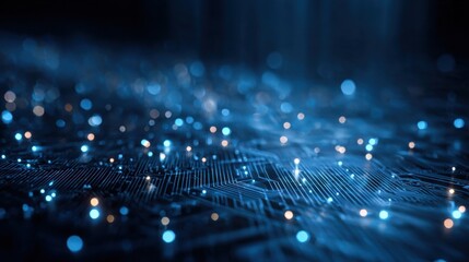 Futuristic digital data network with glowing lights and interconnected circuitry.