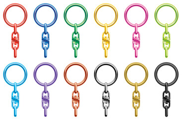 シンプルでカラフルな回転カン付きリングキーホルダーのベクター素材イラストセット(Simple and Colorful Ring Keychain with Swivel Connector Vector Illustration Set)