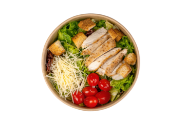 a bowl of salad with chicken tomatoes cheese and croutons