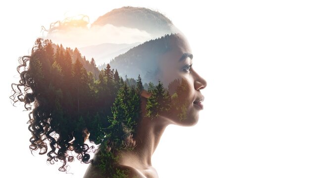 Woman's profile, landscape in her head