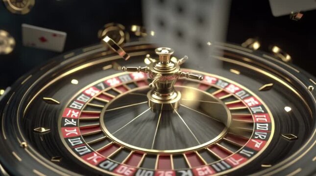 Dramatic, close-up of roulette wheel with chips and card floating against dark background