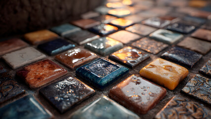 Assorted Square Tiles: A mosaic of colors, textures, and surface qualities.