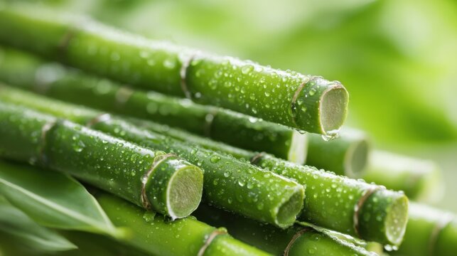 Fresh green bamboo stalks with dew drops on vibrant bamboo leaves close-up.