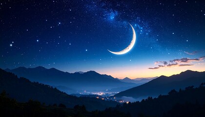 Crescent moon over a misty mountain range at night