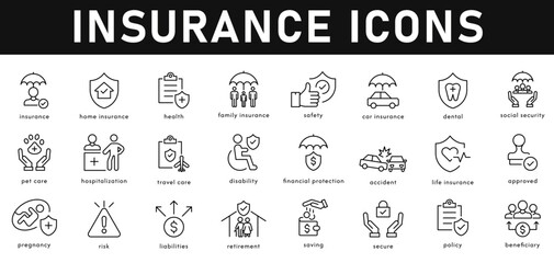 Insurance Icons vector illustration with thin line editable stroke contain health, family, car, life, home insurance, social security, hospitalization, financial protection, policy, saving, approved.