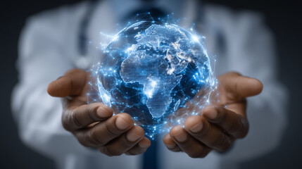 medicine worldwide, global health system, planet earth healthcare, international diagnostics, digital treatment network, futuristic medicine, doctor with holographic globe, cross-b