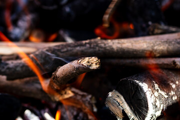 Burning wood and fire flames. Empty hot charcoal barbecue grill with bright flame