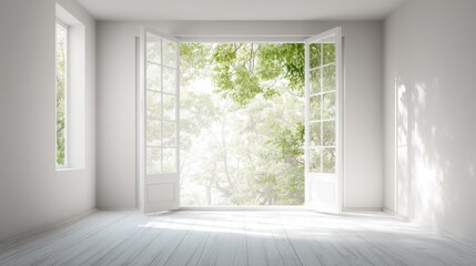 Bright open empty room with large window overlooking lush green trees and sunlight.