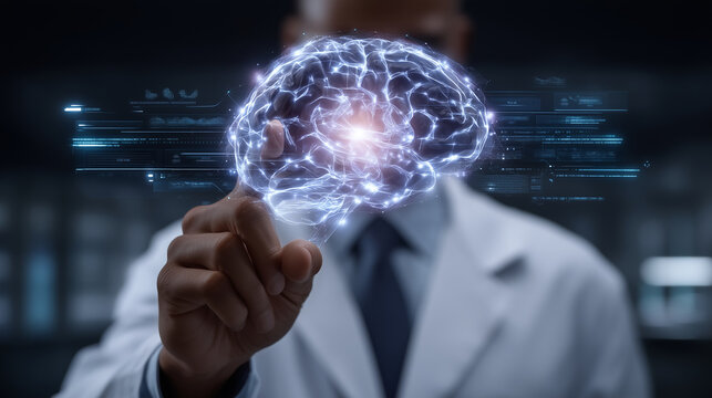 neurotechnology, futuristic brain treatment, neural interface, advanced neuroscience, brain scan diagnostics, digital neuro system, doctor with brain hologram, cognitive medicine,