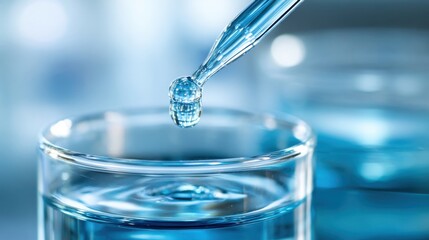 Close-up of a glass dropper releasing a droplet into a clear glass filled with water.