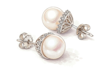 watercolor Timeless Pearl Stud Earrings Pure Elegance vector illustration isolated on white background