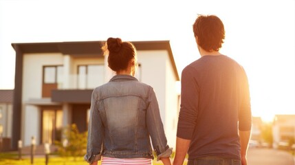 Young Couple Walking Away in Front of a Modern House During Sunset at Twilight Evening.