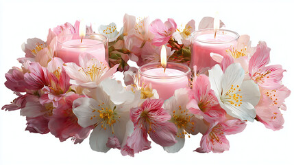 Flower crown with candles inserted between petals, soft spring birthday concept, transparent background