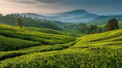 Breathtaking view of lush green rolling hills and distant mountains during daytime.